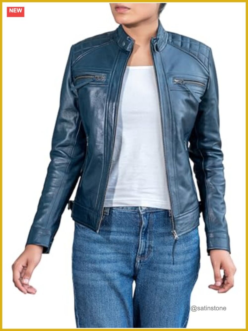 Quilted Lambskin Leather Cafe Racer Jacket Women Real Leather Motocycle Jacket